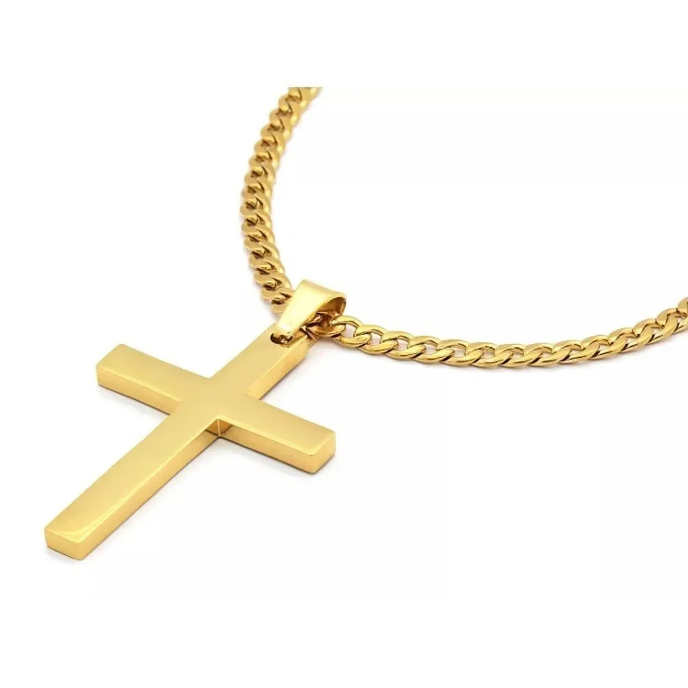 Gold Plated Cross On 24" Cuban Necklace - Picture 1 of 4